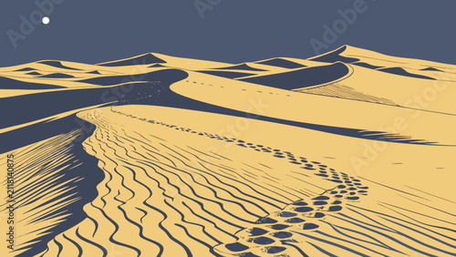 Foto Graphic illustration of footprints across a rolling sand dune desert landscape