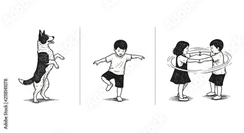 Vintage Hand Drawn Illustrations of Children and Dog Dancing