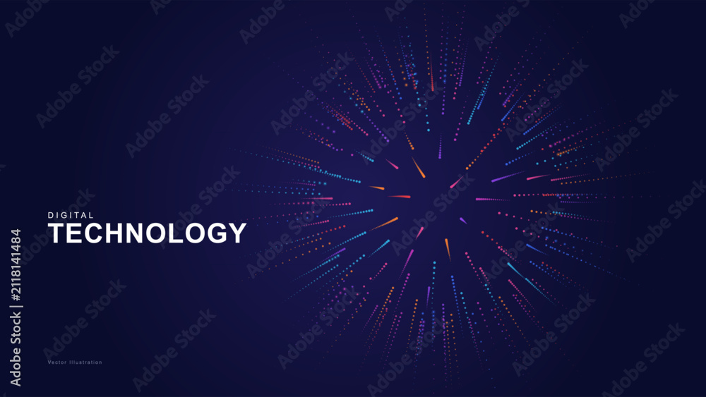 Foto Digital technology background with abstract radial light particles