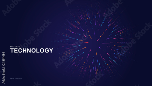 Foto Digital technology background with abstract radial light particles
