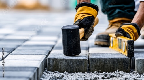 Skilled Craftsman Working with Level Tool and Mallet on Concrete Paver Installation