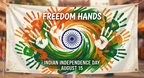 Indian Independence Day banner with handprints and national flag elements.