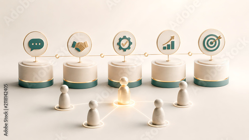 Business Process Workflow with Icons Representing Communication, Partnership, Operations, Growth, and Goals