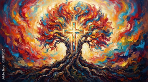 Vibrant abstract tree with cross surrounded by colorful swirls of light