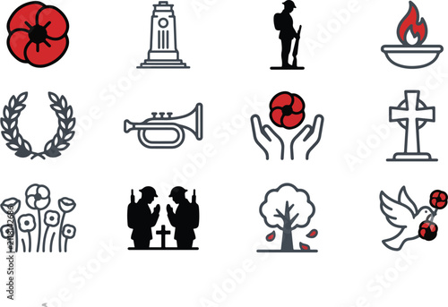 Remembrance Day and Veterans Day 2026 Line Art Vector Icon Set with Red Poppy, Soldier Silhouette, and Peace Dove