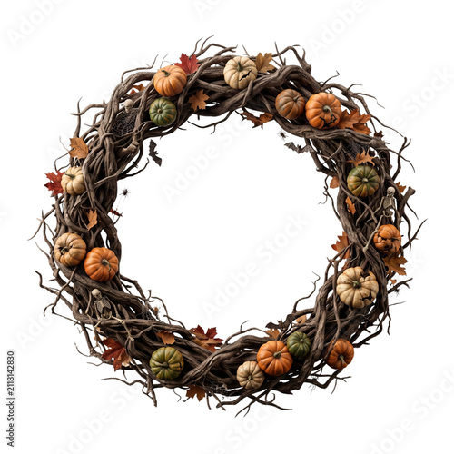 Spooky Halloween Circular Border Frame with Twisted Branches and Small Pumpkins, Blank Space in the Middle, Isolated on White