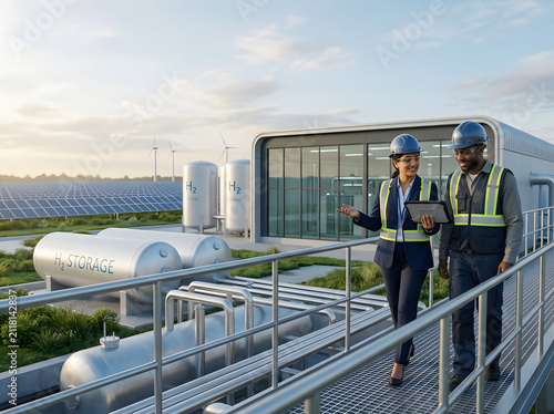 Engineers inspecting hydrogen fuel plant. Professionals reviewing green energy facility data.