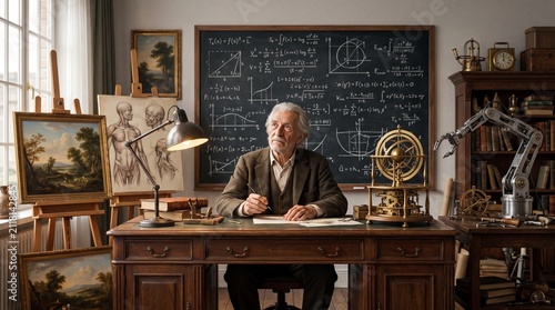Renaissance man polymath in a study with a robotic arm, anatomical drawings, and blackboard equations