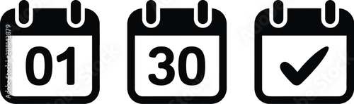 Fotografía Black vector calendar icons set displaying numbers first and thirtieth with check mark isolated on a clean white background