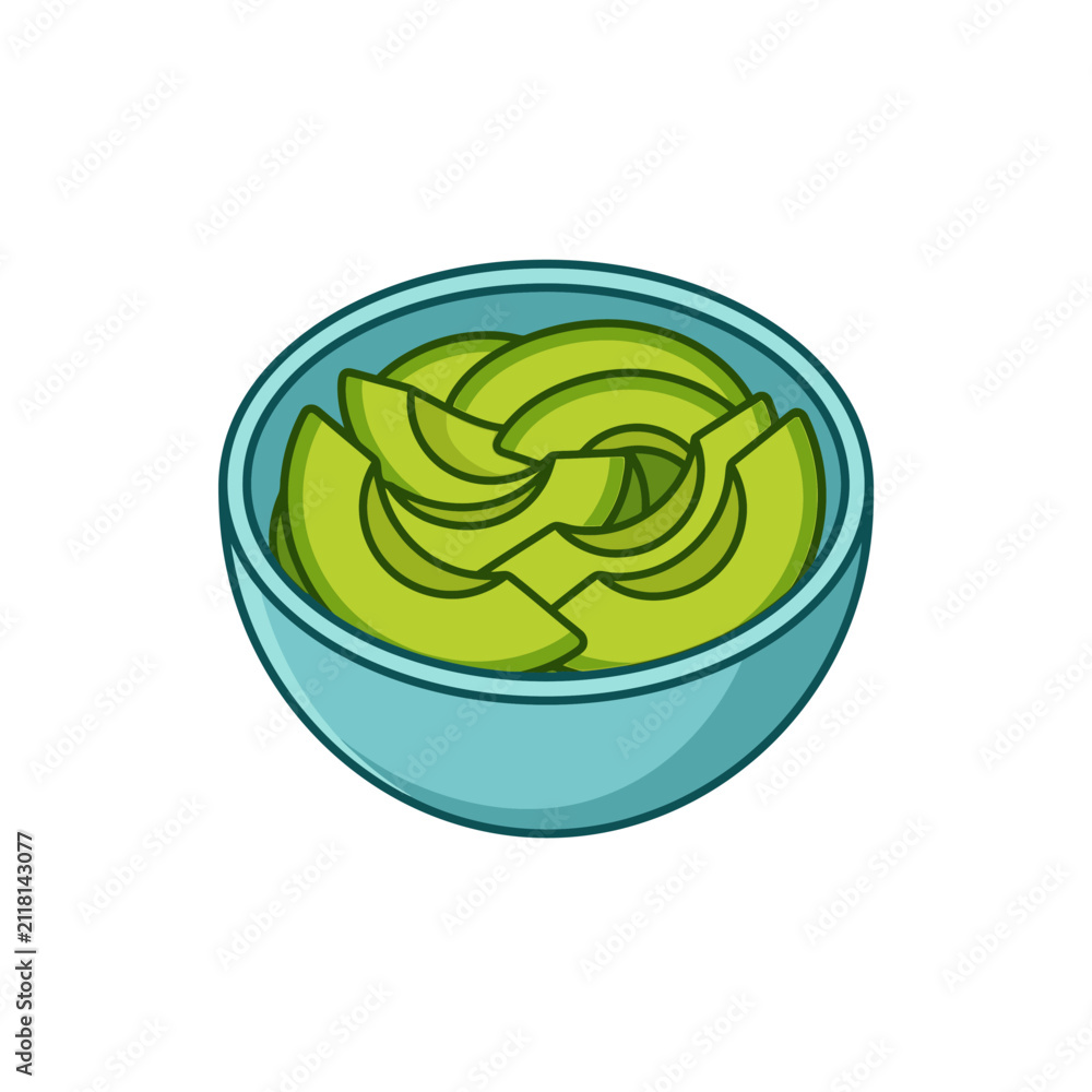 Fototapeta premium A simple vector illustration of sliced avocado pieces served in a small blue bowl.