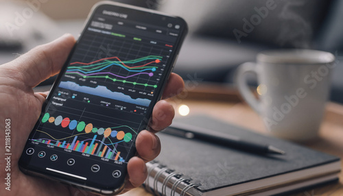 Man analyzing social media stock trends on smartphone. Investor monitoring financial data and trading charts on mobile app.
