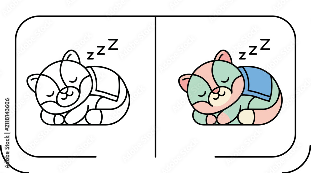 Obraz premium Sleeping cat character coloring page for kids.