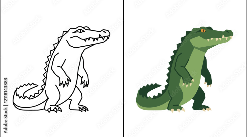 Obraz premium Standing alligator line art and flat color illustration.