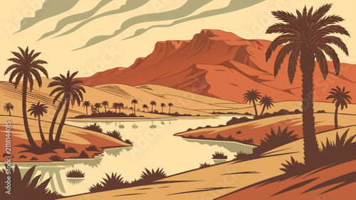 Foto Stylized desert landscape illustration featuring palm trees and an oasis