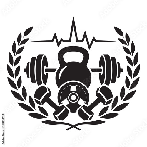 Gym fitness emblem with kettlebell dumbbells and barbell icons kettlebell dumbbells heartbeat training exercise strength bodybuilding athletic muscular equipment challenge performance