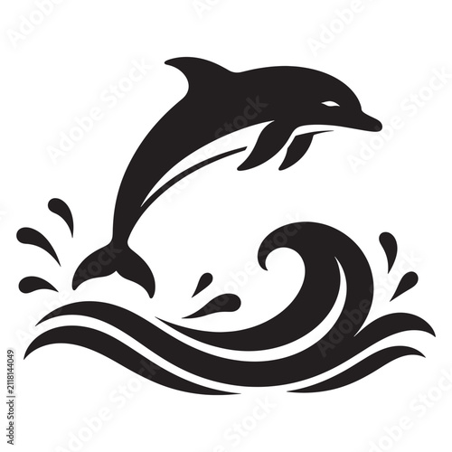 Jumping dolphin graphic icon over ocean waves with wildlife underwater creature swimming paradise vacation silhouette minimalist