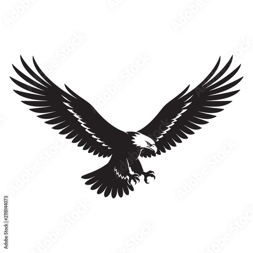 Black and white flying bald eagle vector illustration with predator wildlife silhouette isolated majestic minimalist wilderness creature illustration