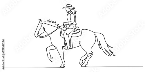 Continuous single line drawing of a woman riding a western horse