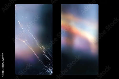 Side by side smartphone screens with cracked glass and intact blurred display for device repair background and tech banner