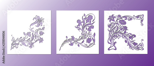 Art nouveau floral corner pattern set for laser cut and cnc. Ornate swirl leaf and flower silhouette edge design. Vector illustration for greeting card print decoration