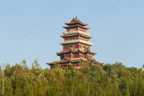 Siping,Jilin,China - September 10 2023: Nalan Tower in Fall. 7-tier traditional Chinese pavilion was built to honor Nalan Xingde.