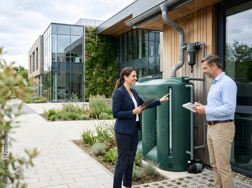 Professionals inspecting rainwater harvesting system. Sustainable water management at office.