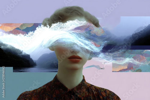 Surreal portrait collage with river wave splash across the face and layered landscape elements for poster and editorial background