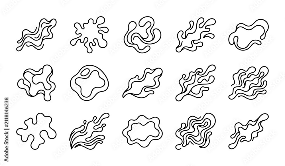 Fototapeta premium Abstract liquid blob line art icons, set of 15 organic fluid shape vectors, minimalist wavy splash and splatter outlines for modern branding
