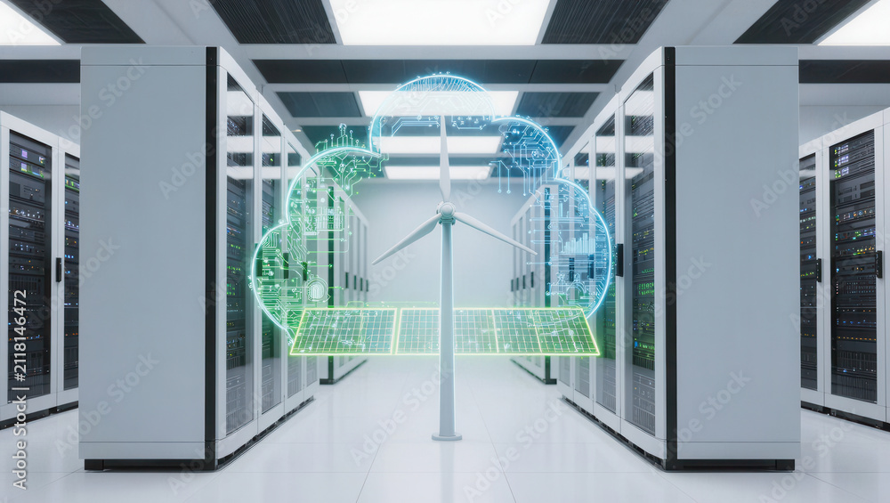 Obraz premium Data center cloud computing server room with digital renewable energy concept