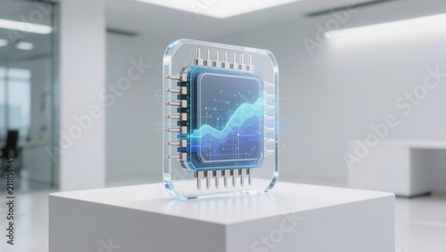 Futuristic chip on pedestal, digital circuit, transparent glass, blue graph, technology icon