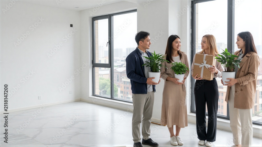 Fototapeta premium Four people in a bright, empty room holding plants and gifts near large windows.