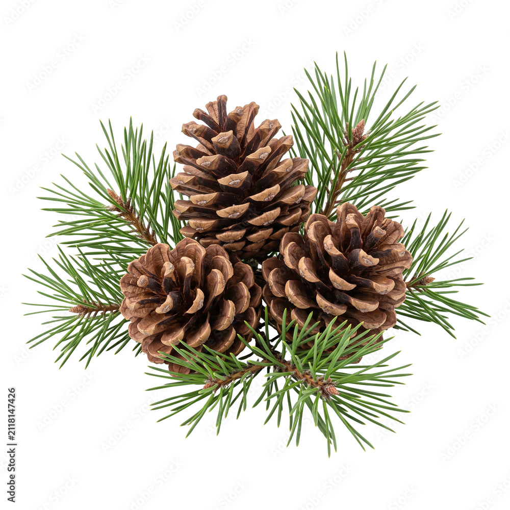 Fototapeta premium Cluster of brown pinecones resting on green pine needles