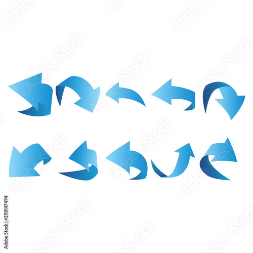 Collection of 3D blue gradient curved arrows isolated on white background, vector illustration of ribbon undo pointers, directional navigation signs, and dynamic flow indicators