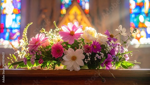 Beautiful colorful floral arrangement on church altar with stained glass background.