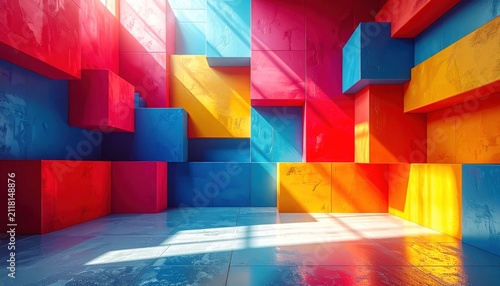 Abstract interior background with colorful geometric cubes and bright sunlight.