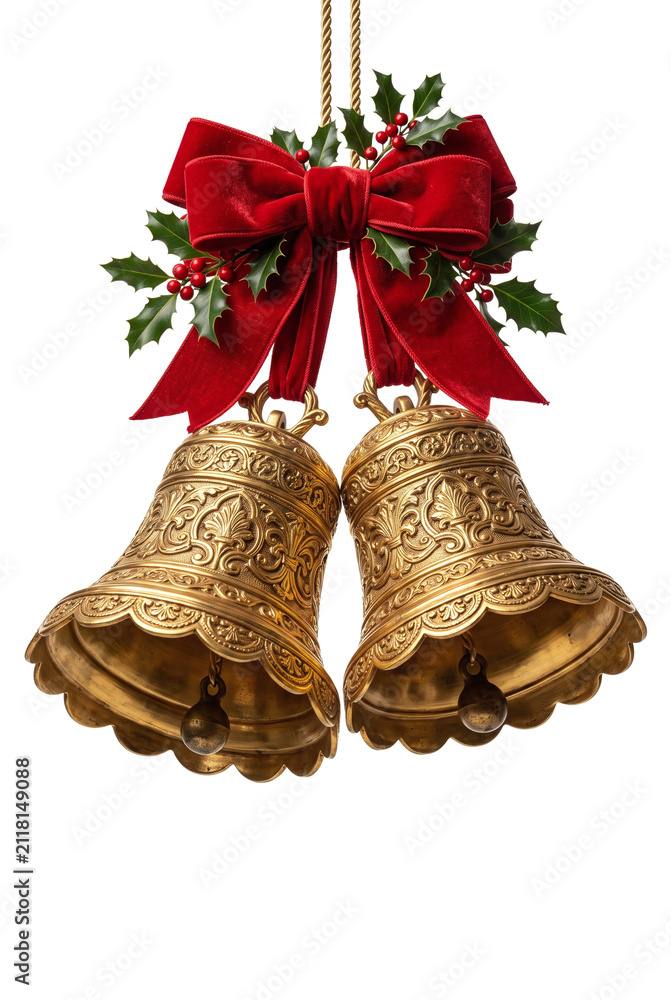 Obraz premium Ornate golden Christmas bells with red bow and holly