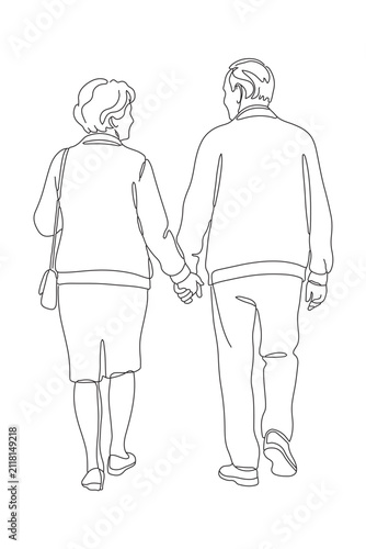 one line drawing of old couple holding hands backside
