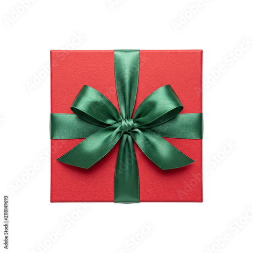 Top view of red gift box with green bow