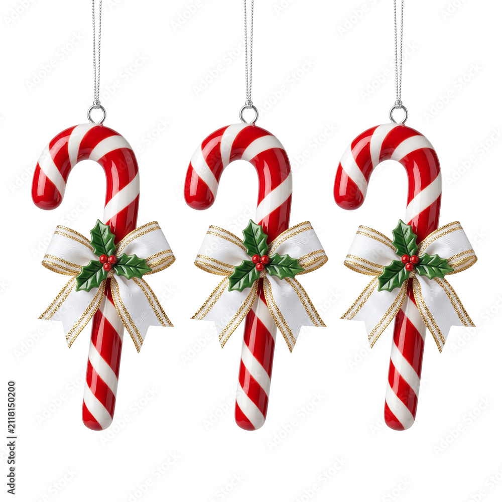 Obraz premium Three Christmas candy canes with white bows and holly