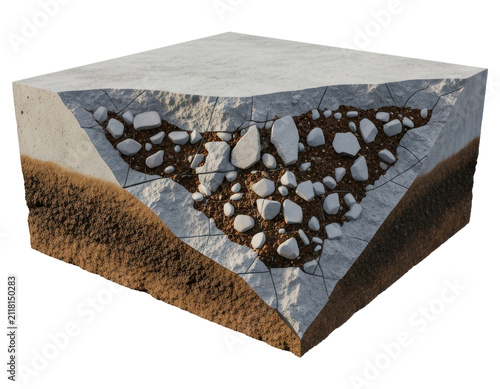 Cross section of concrete foundation with soil cutout on transparent background