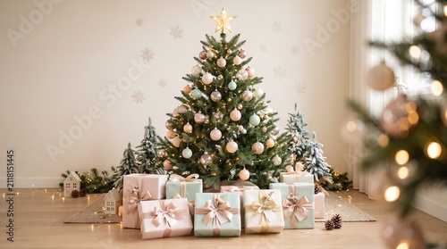 Elegantly decorated pastel Christmas tree surrounded by wrapped gift boxes and mini snowy trees in a bright modern living room.