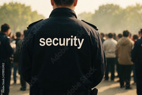 Security guard watches crowd at outdoor public event. Officer in uniform supervises gathering. Security staff ensures safety for people attending festival or concert.