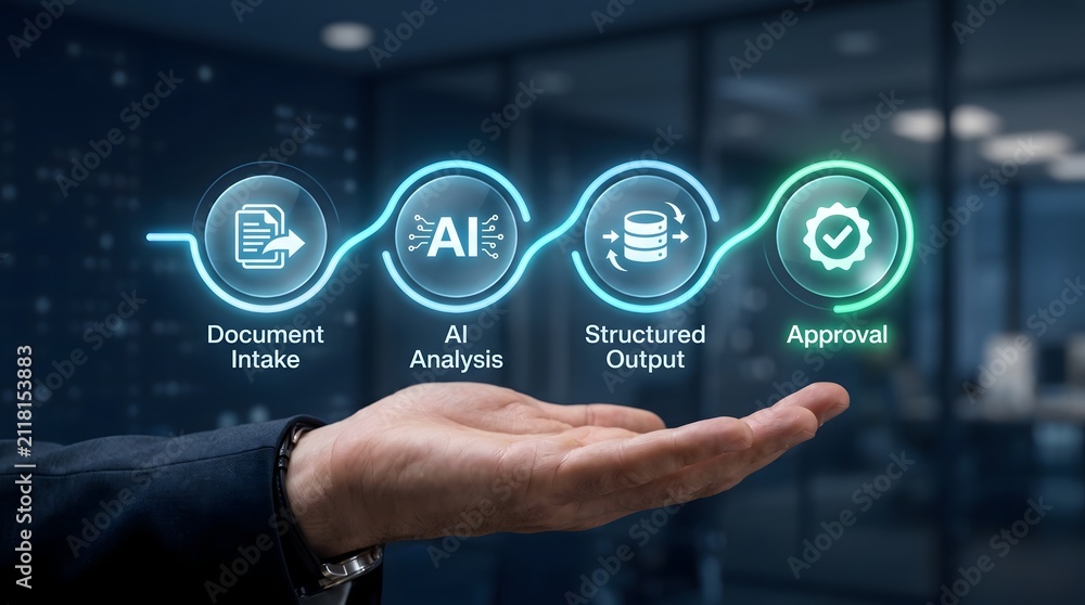 Fototapeta premium Automated document processing workflow interface showing artificial intelligence analysis and structured output phases for business administration