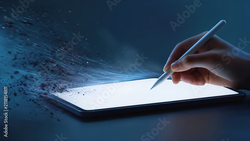 Digital tablet stylus hand creativity design art technology glow abstract energy swirl around digital tablet as stylus hand creates bright