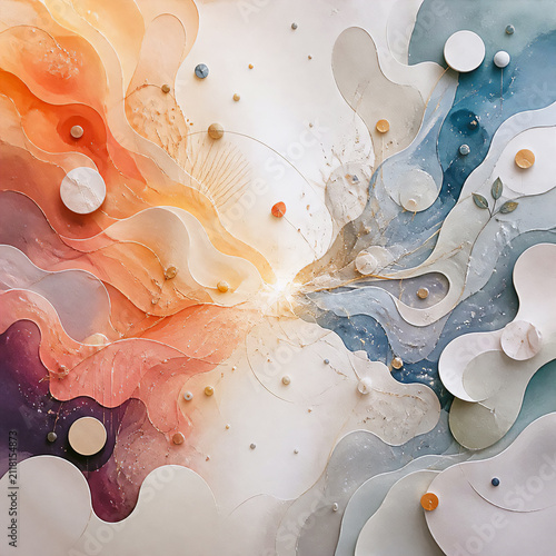Warm colors cautiously reach toward cooler tones.
Shadows quietly learn how to dance with light.
Shapes begin discovering their own identities.