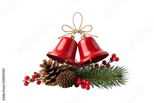 Red Christmas bells with pinecone and fir branch decor
