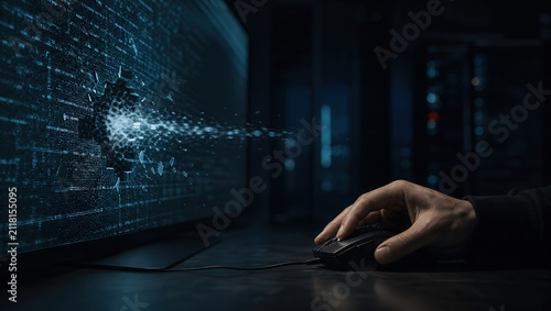 Cybersecurity hacking data breach computer monitor mouse hand hacker digital network Cybersecurity hacking data breach concept with hand mouse