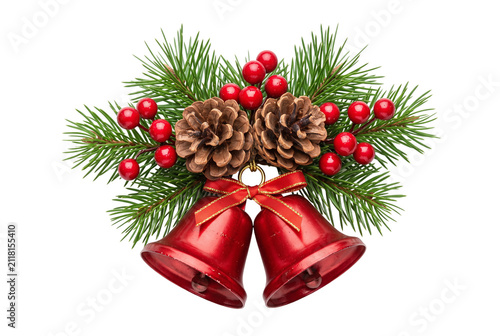 Christmas red bells with fir branches and pinecones