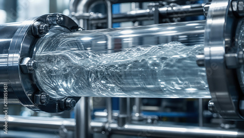 Industrial pipe clear water fluid flow stainless steel clean liquid sanitation modern factory transparent tube metal pipeline hygiene drink water