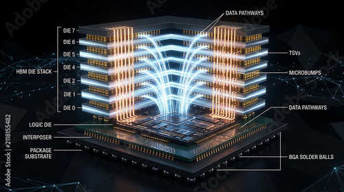 Dark Background 3D HBM High Bandwidth Memory AI Accelerator Die Stacking TSV Microbump Cross Section